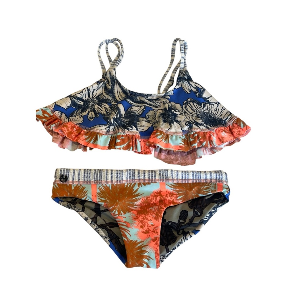 Maaji Girls Reversible Bikini Swimsuit Sz 8 Floral Orange Blue Green